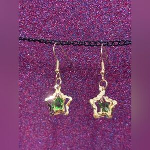 Gold Star Earrings with peridot green crystal Accents